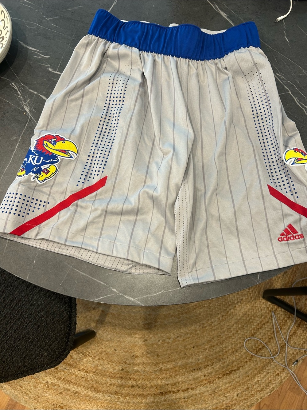 Kansas Jayhawks adidas Gray Athletic Shorts with Blue Waistband and Red Accents